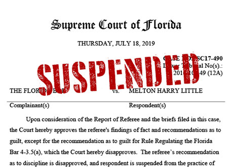 Suspended by Supreme Court of Florida on July 18, 2019